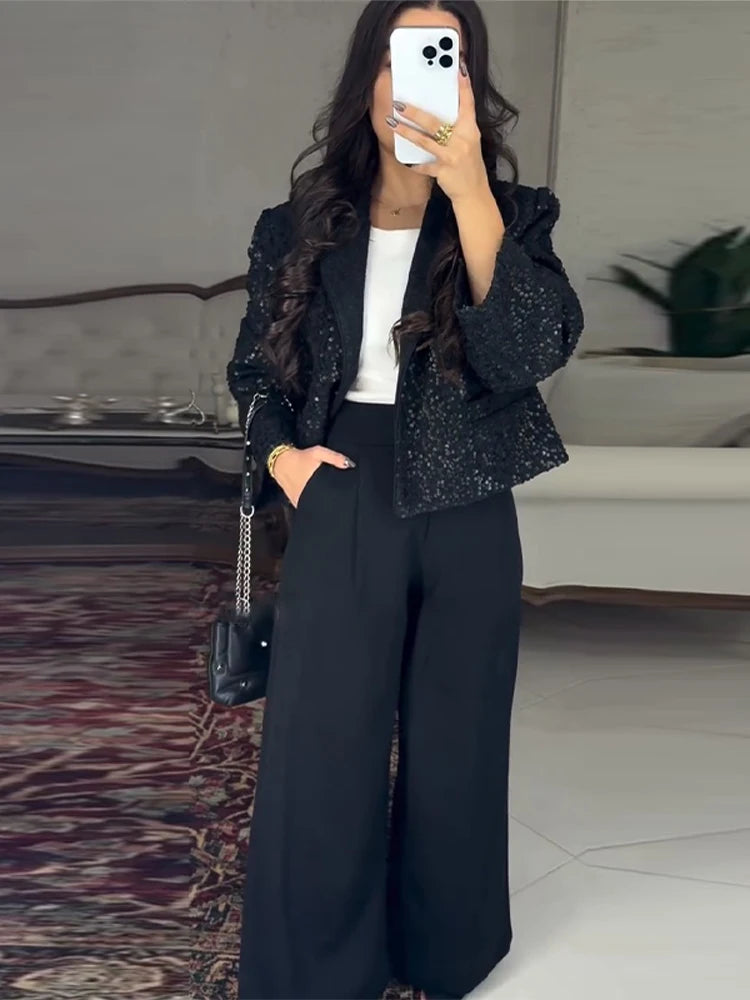 Elegant Cropped Sequin Blazer Jacket