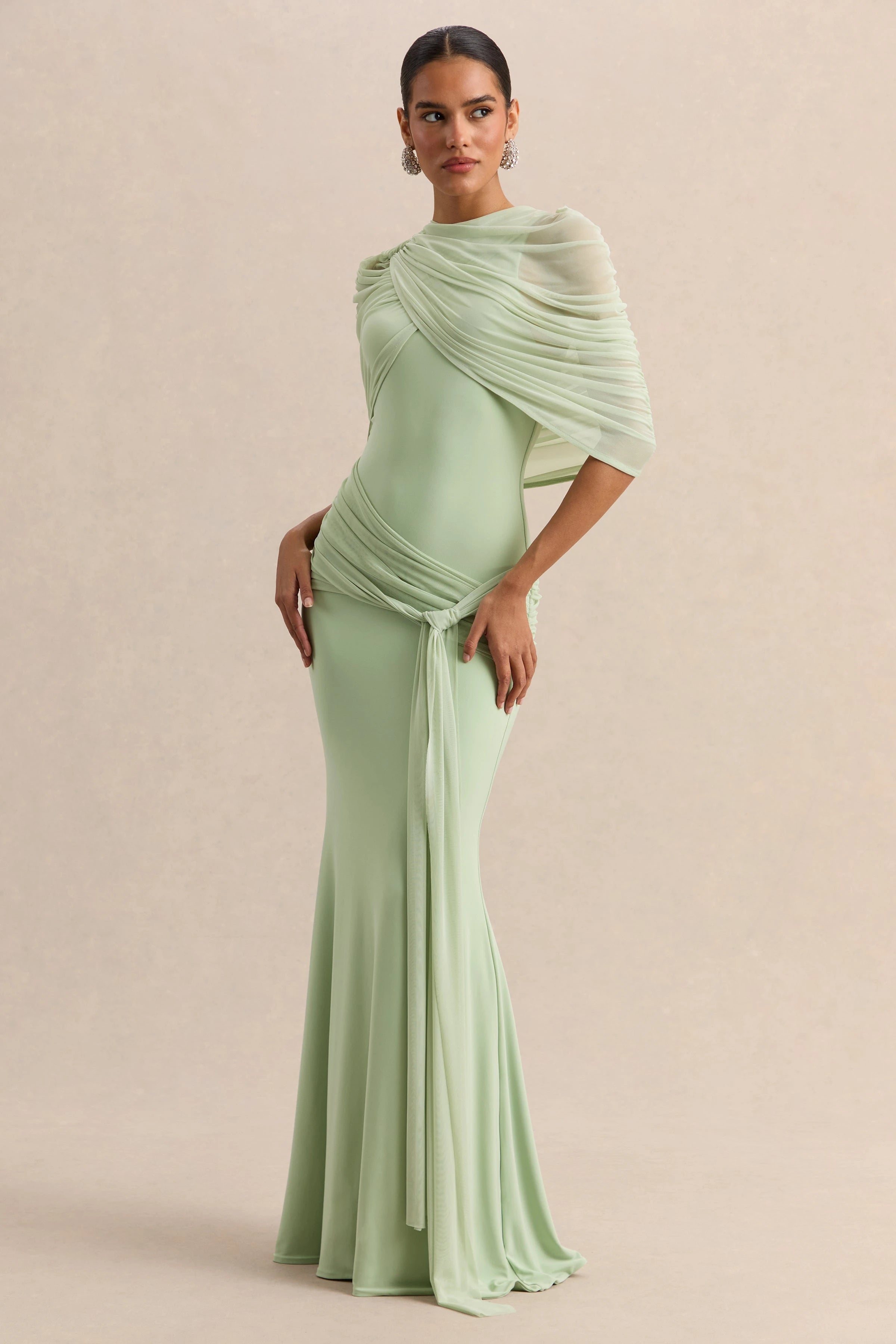 Elegant Mermaid Evening Dress Draped Detachable Cape Sleeveless Bodycon Maxi Gown Wedding Party Elegant Draped Formal Dress