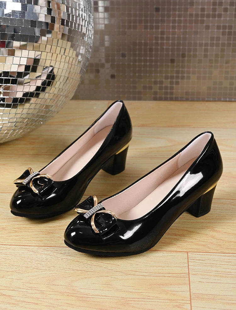 Women High Heels Low Heels Fashion Bling Bow patent leather Professional Casual Pumps Woman Wedding Party Shoes Large Size 42