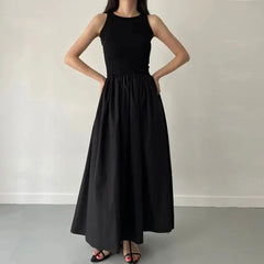 Female Fashion Style Dress New Summer Simple Elegant Black Long Dresses For Women Round Neck Sleeveless High Waist Temperament