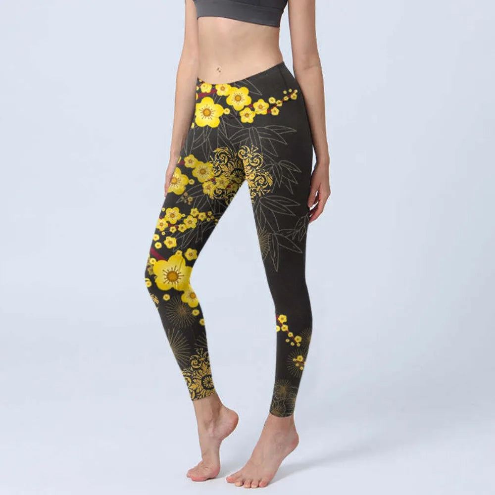 High Waist Yoga Leggings Japanese Style Cherry Blossom Botanical Print Soft Tights Women Fitness Gym Yoga Running Sports Wear