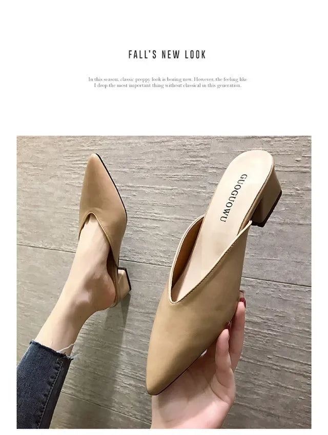 Women High Heels Slippers  Baotou Women Shoes Sexy Pointed Toe Chunky Heels Mules Outdoor Walking Slides Chaussure Femme 2024