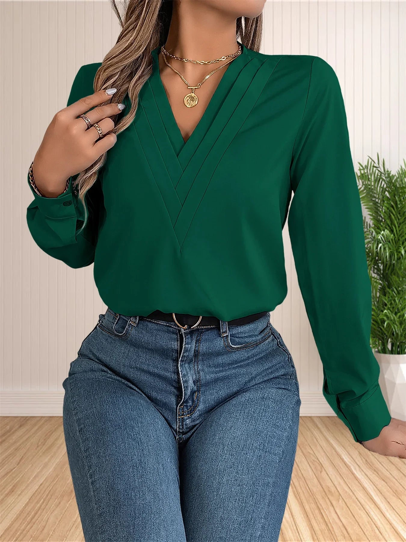 Elegant Layered V-Neck Office Blouse