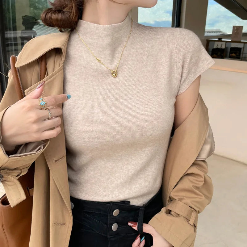 Knitted 2025 New Basic Sweaters Fashion Women Turtleneck Solid Thin Short Sleeve Slim Pullovers Streetwear Bodycon Sweater