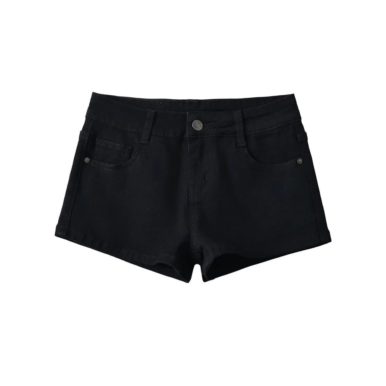 Black shorts for women in summer, with a full crotch and low waist to show off weight and long legs. Wearing them externally, in
