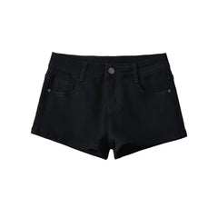 Black shorts for women in summer, with a full crotch and low waist to show off weight and long legs. Wearing them externally, in