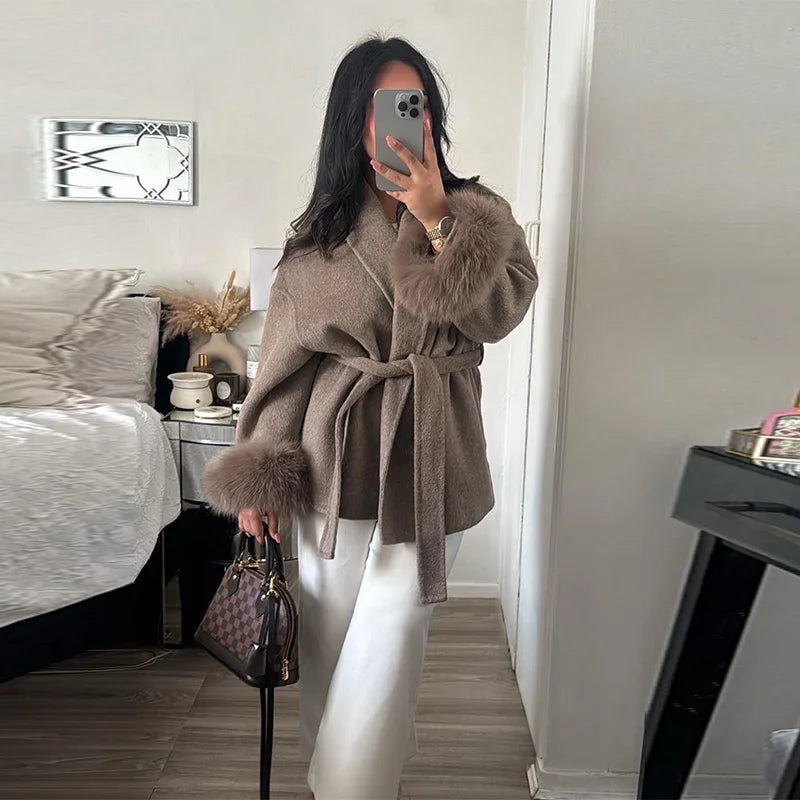 Elegant Women's Lace Up Woolen Coats Solid Full Sleeve Turn-down Collar Loose Lady Coats 2025 Autumn Winter Female Streetwear