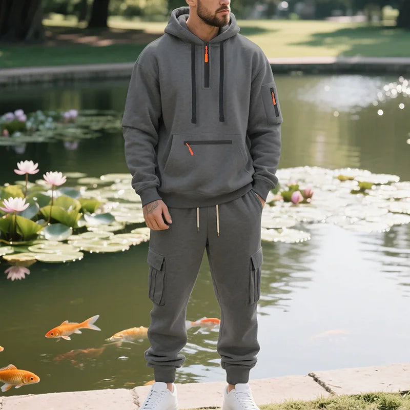 Men's Heavyweight Fleece-Lined Casual Tracksuit Set for Winter - Loose-Fit, Half-Zip, 2-Piece Workwear Style