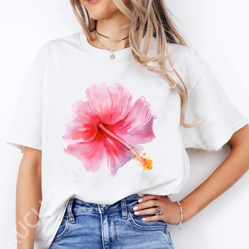 Pink Hibiscus Casual Y2K Tee