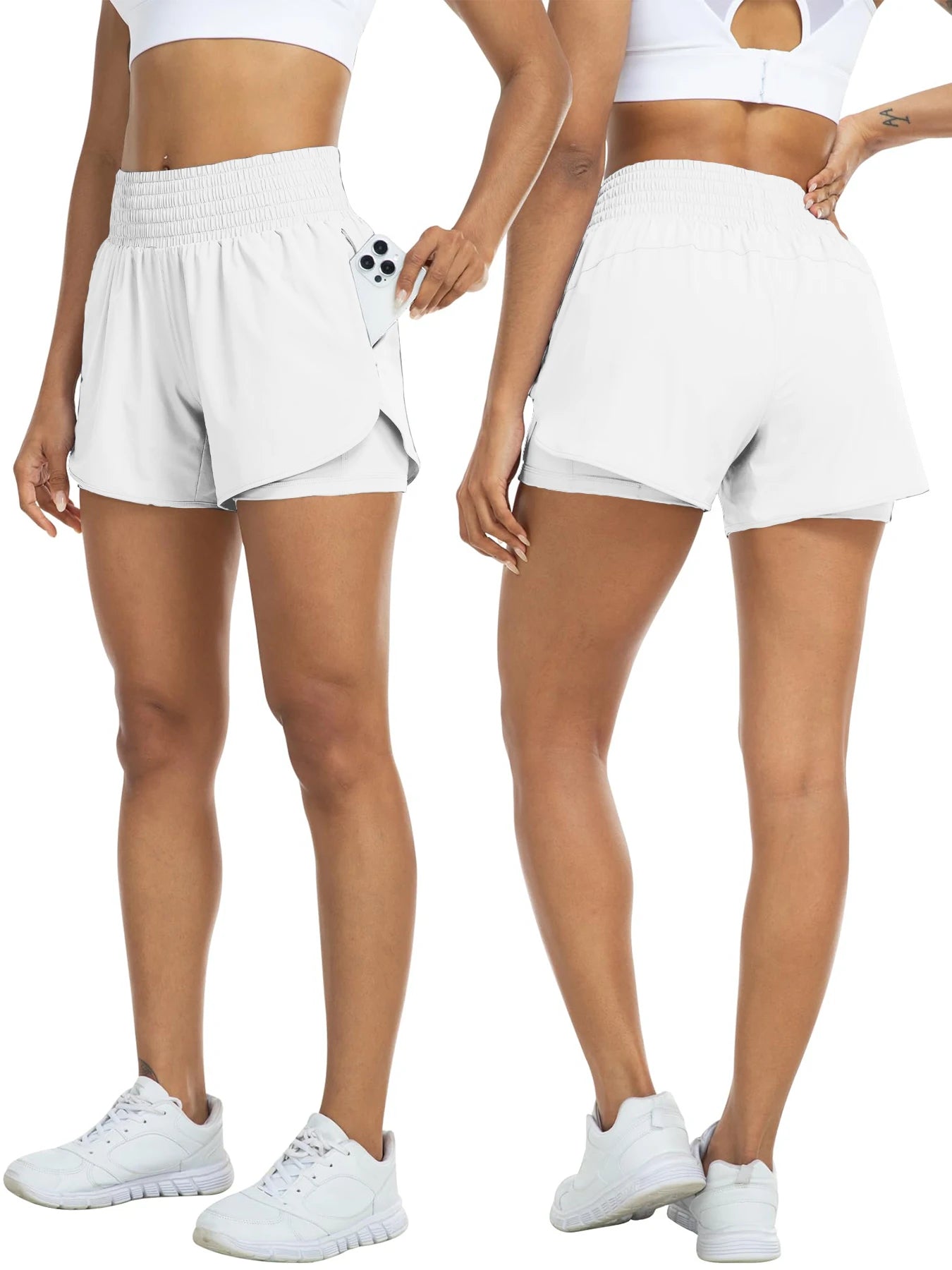 Women's high-waisted athletic shorts for running, yoga, layered design, anti-exposure, fitness, and workout with pockets