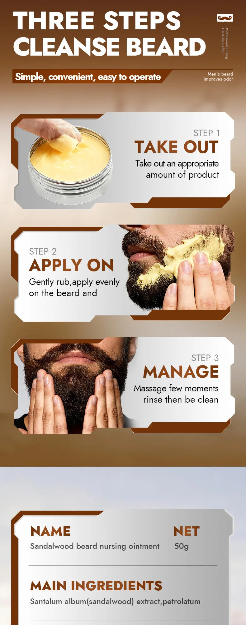 Men's Sandalwood Beard Care Balm Tame Unruly Hairs, Deeply Cleanse & Moisturize Dry Beards, Promote Healthie Thicker Facial Hair