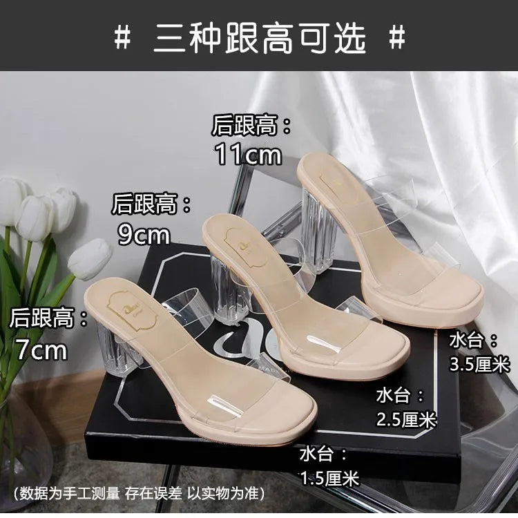 Women's High Heels, 2024 Summer New Waterproof Table with A Line Not Tired Feet Thick Crystal Slippers, Women's Shoes