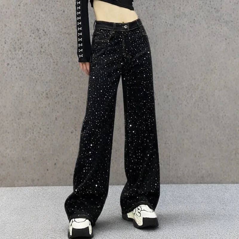 New Female Black Jeans Are Cool Studded With Diamonds. Casual Denim Trousers High-waisted, Straight-leg Wide-leg Pants Women's