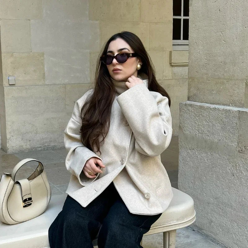 2025 Autumn Woolen Coats Women Casual Double Breasted Stand Collar Female Office Short Jackets Chic Lady Loose Street Outwear