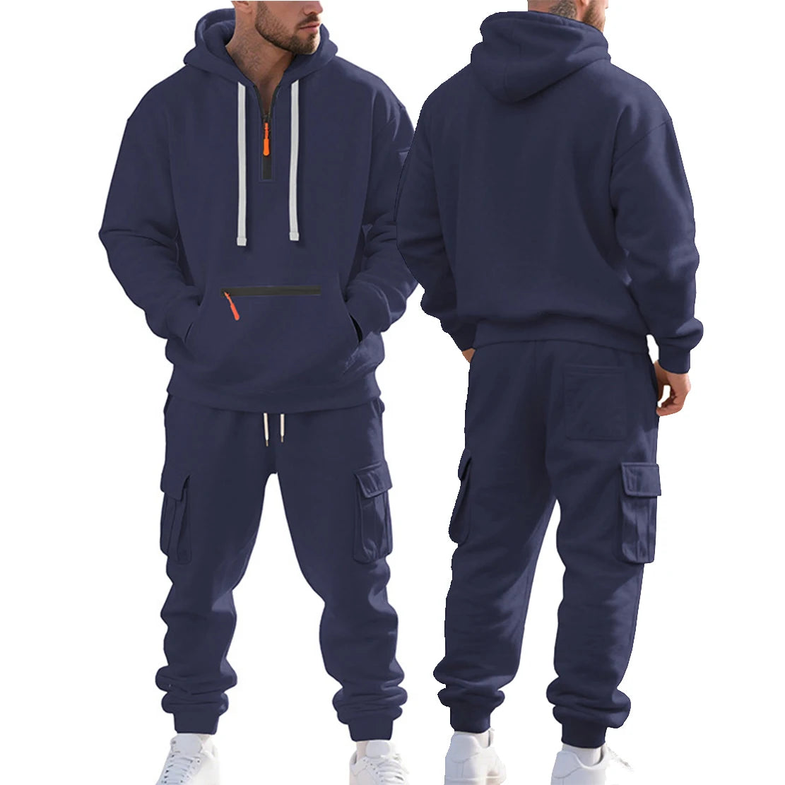 Men's Heavyweight Fleece-Lined Casual Tracksuit Set for Winter - Loose-Fit, Half-Zip, 2-Piece Workwear Style