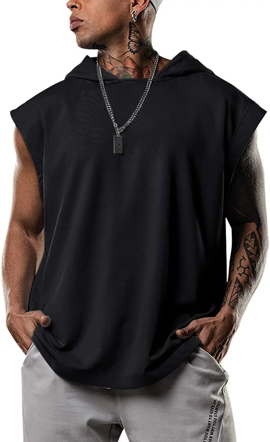 2026 Men Tank Top  Fitness Training Pullover Leisure Fashion Sleeve Men's Hooded Vest Solid Color Tank Tops For Male