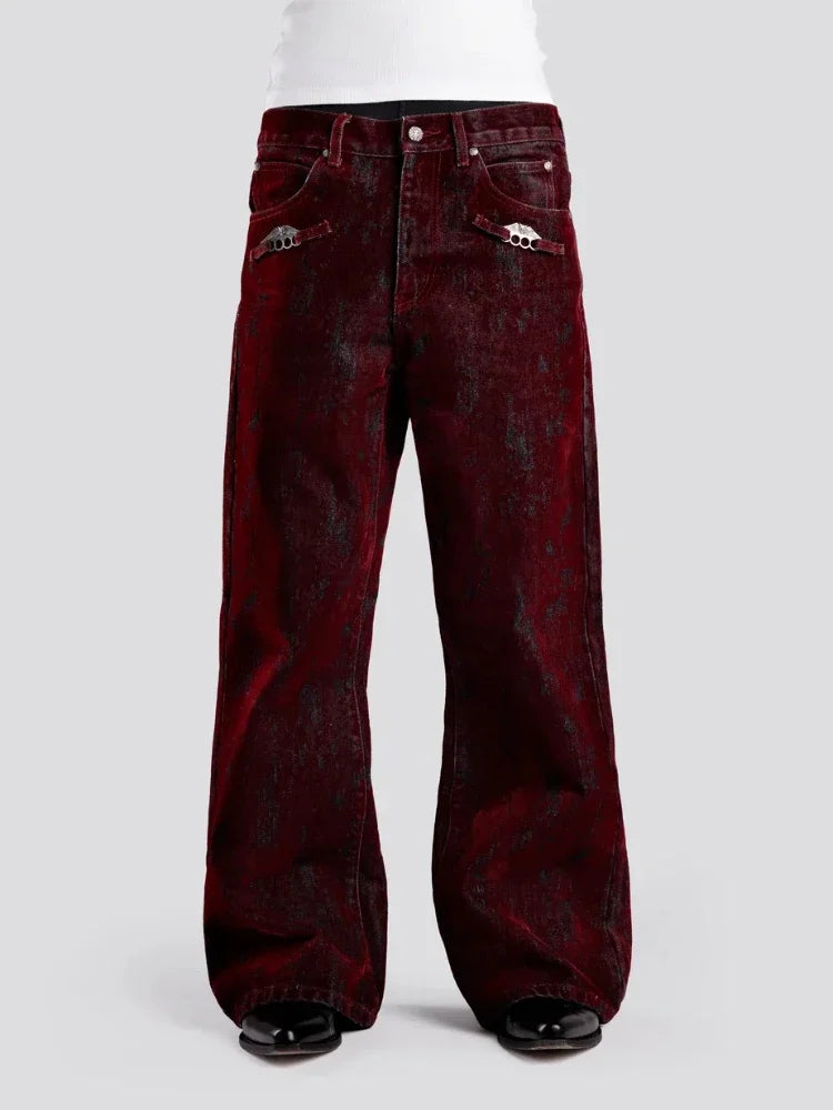 Mens Ins Style Jeans Fashion New American Vintage Flocked Flared Denim Pants Harajuku Unisex Loose Fit High Street Streetwear