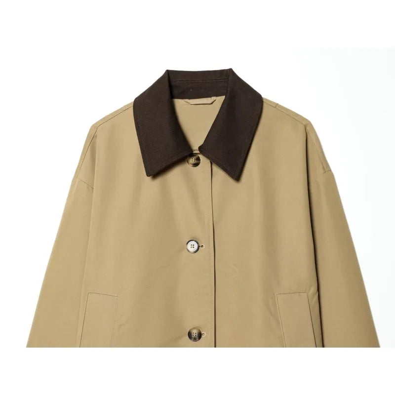 Women's Short Trench Coat with Contrast Collar New Spring Turn Down Collar Long Sleeve Button Women Coats Chic Female Jackets