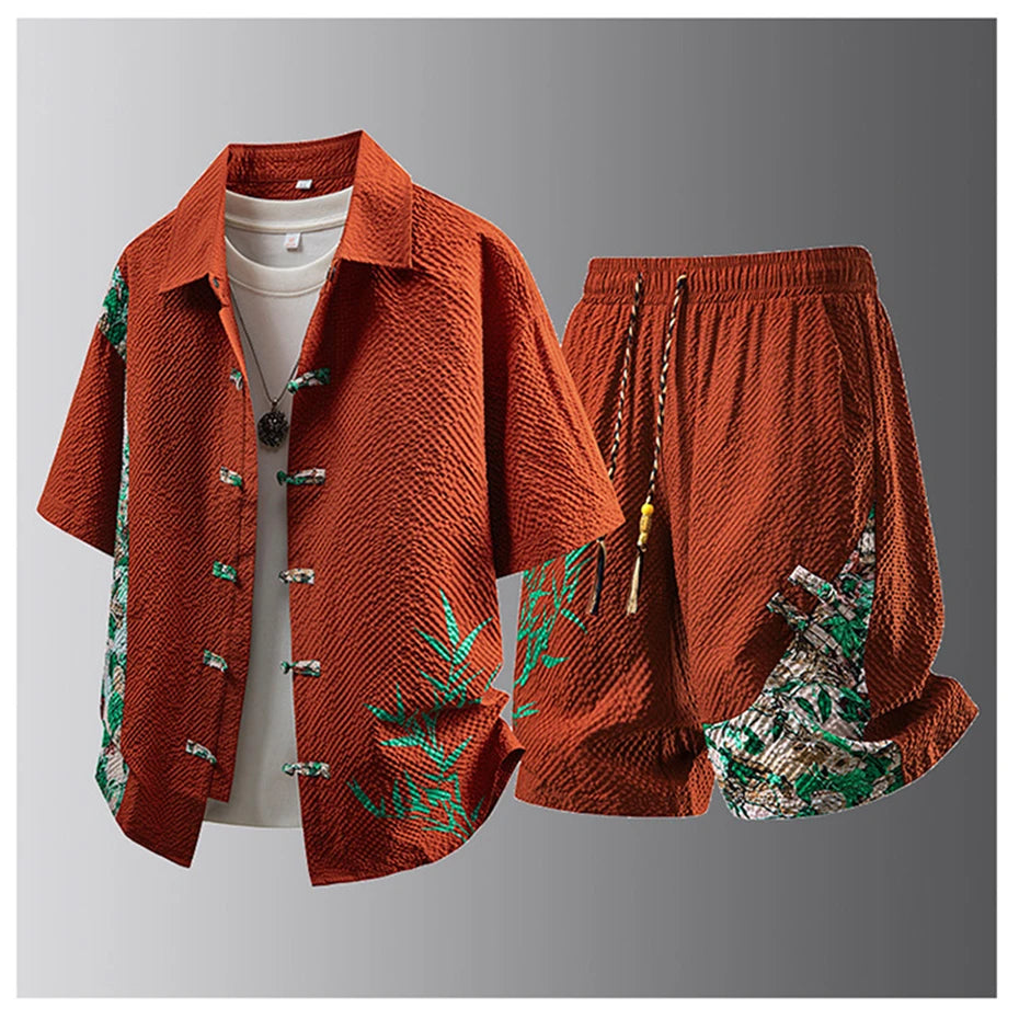 Summer Tracksuits Men Traditional Chinese Style Suit Shirt Shorts Tang Suit Male Fashion Casual Summer Sets