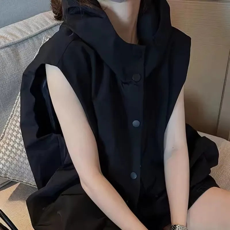 Women Hooded Vests Coats Single Breasted Loose Casual Tops Spring Autumn Korean Simple All-match Breathable Waistcoat