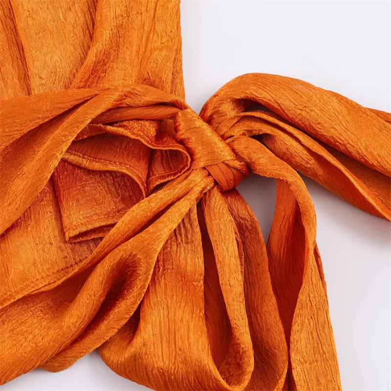 Women's Top 2026 Spring New Style Orange Sleeveless Satin Texture Long Ribbon Top Elegant and Stylish Unique Fashion Focus