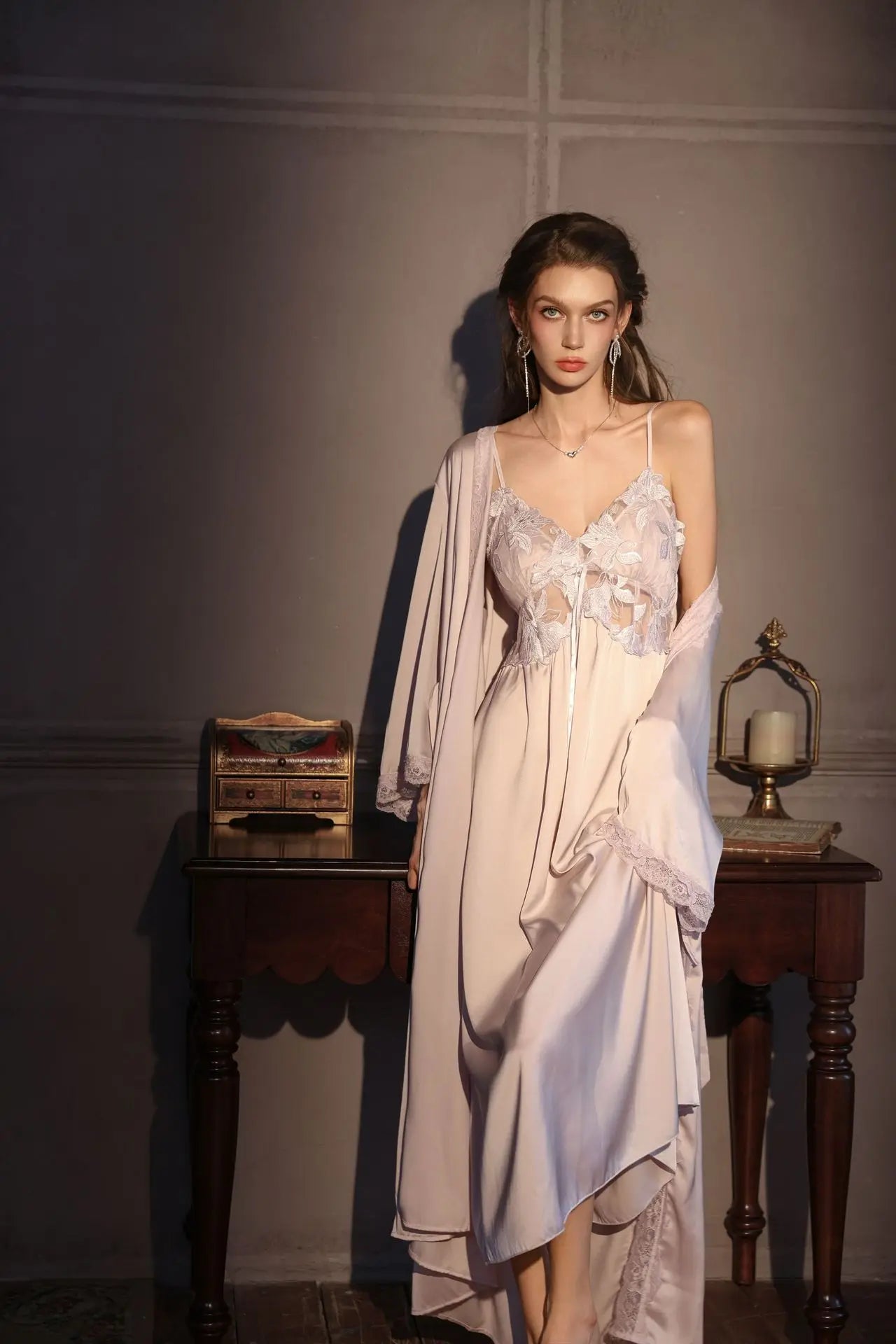 Elegant Female Long Robe Set Nightgown Silky Ice Silk Sleepwear Homewear SEXY Hollow Out Lace Nightdress Lingerie Loungewear