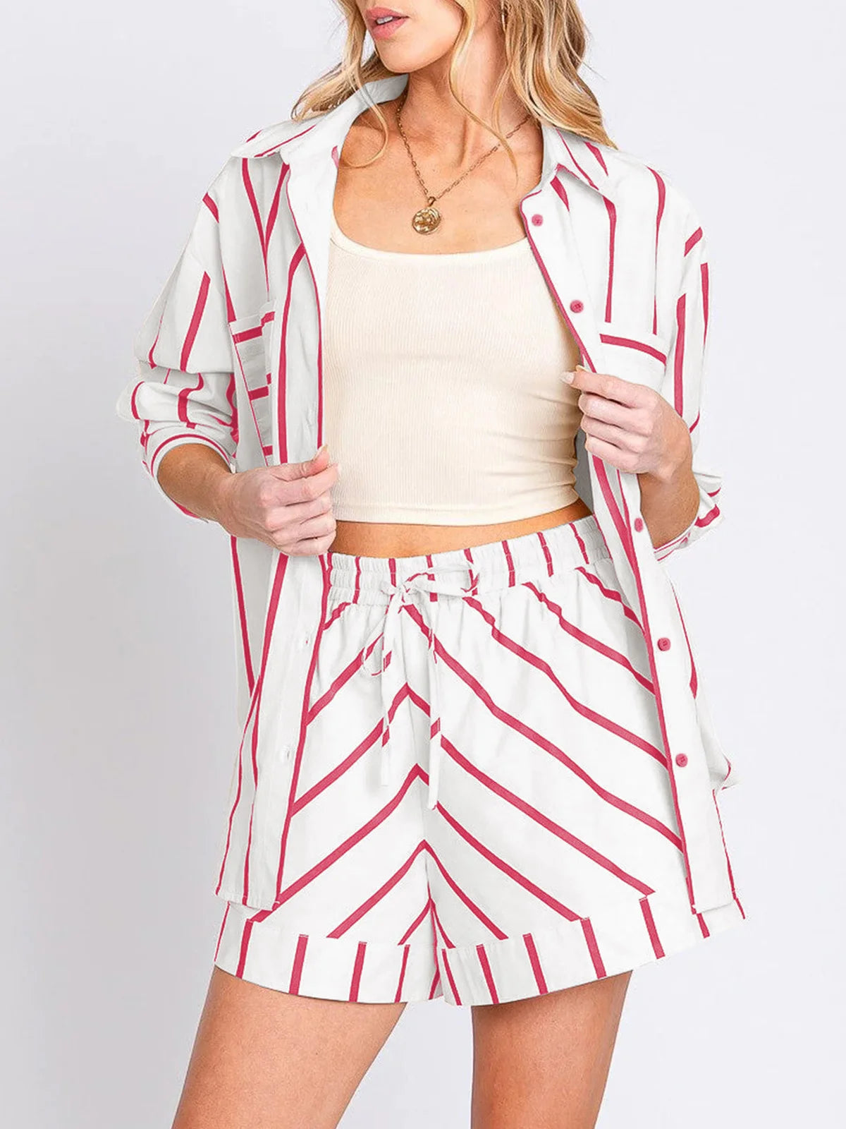 Striped Button Blouse Shorts Set
