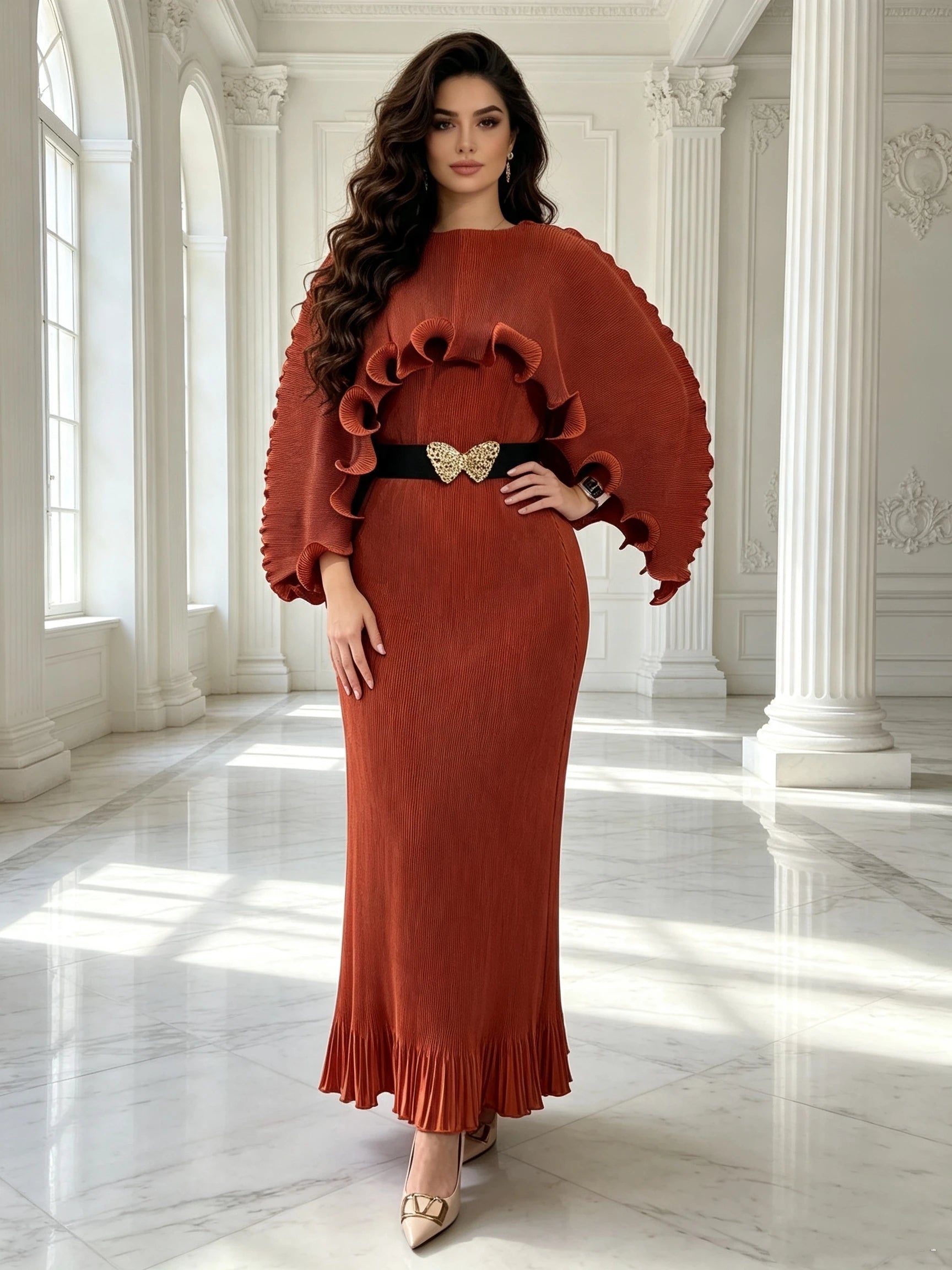 Elegant Pleated Long Dress with Butterfly Belt Women Cape Sleeve Wave Edge Ruffle Evening Party Dress