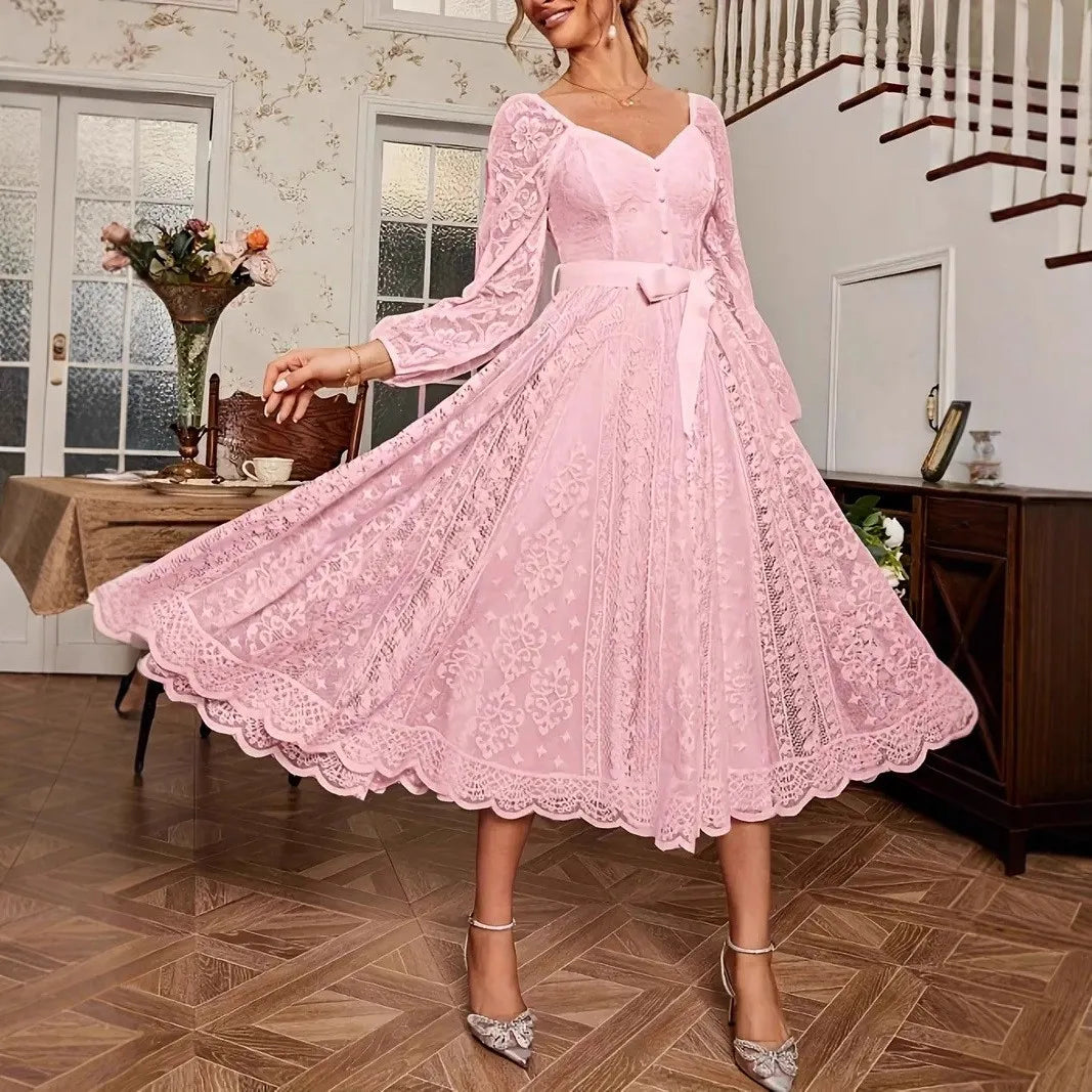 Elegant Party Dress For Woman Evening Prom Dresses Lace Long Gown V Neck Maxi Dress White Pink Floral Lace A Line Balloon Sleeve