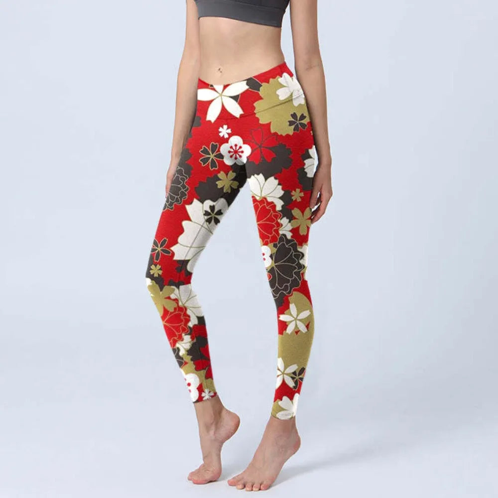 High Waist Yoga Leggings Japanese Style Cherry Blossom Botanical Print Soft Tights Women Fitness Gym Yoga Running Sports Wear