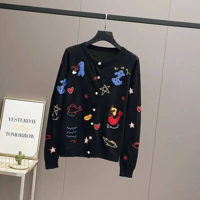 Embroidered Knit Cardigan Sweater