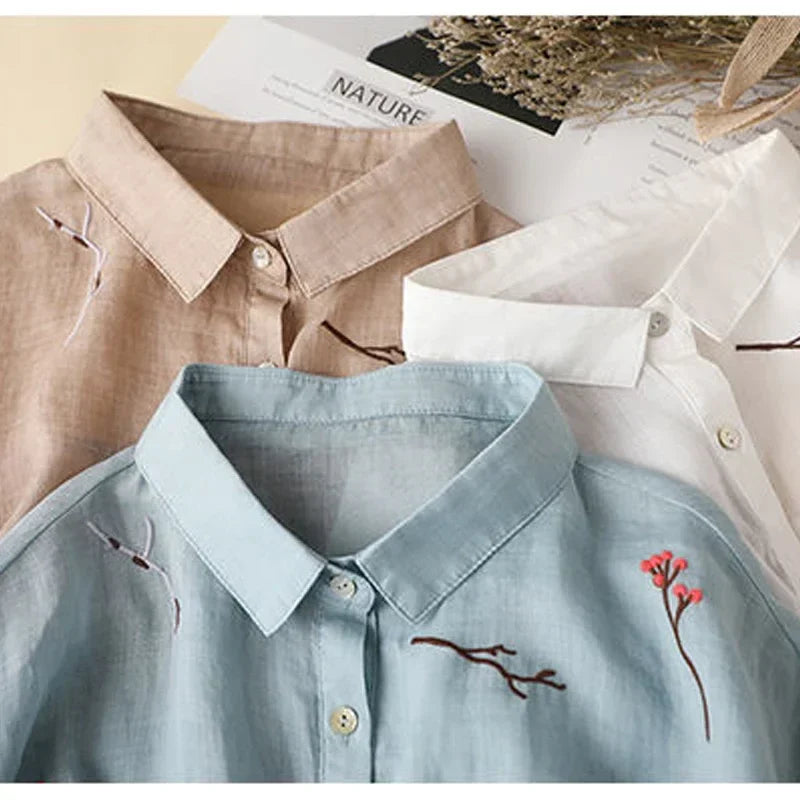 Embroidered Cotton Linen Casual Shirt