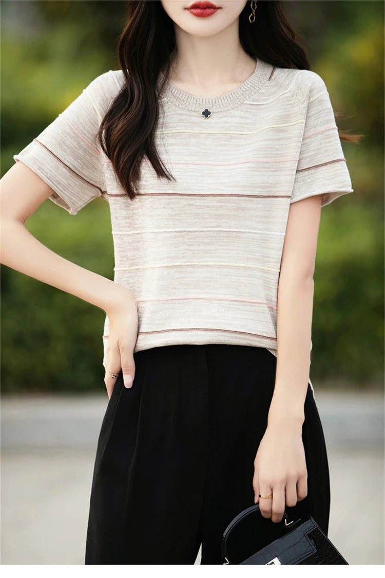 Women's T-shirts Summer New 100% Cotton Short Sleeve Casual Striped Knit Blouse Round Neck Tops Loose Pullover Tees