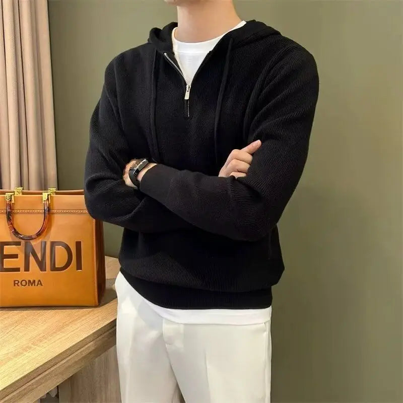 Hooded New Internet Celebrity Men's Sweater Versatile Popular Autumn Winter Solid Color Zipper Bottoming Trendy Hoodies Casual