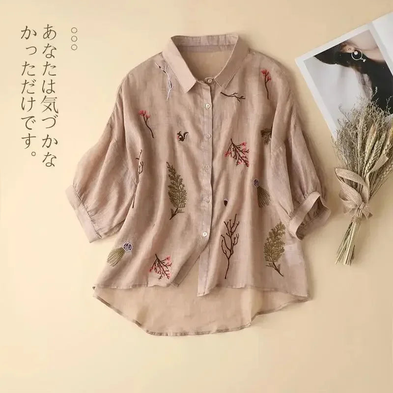 Embroidered Cotton Linen Casual Shirt