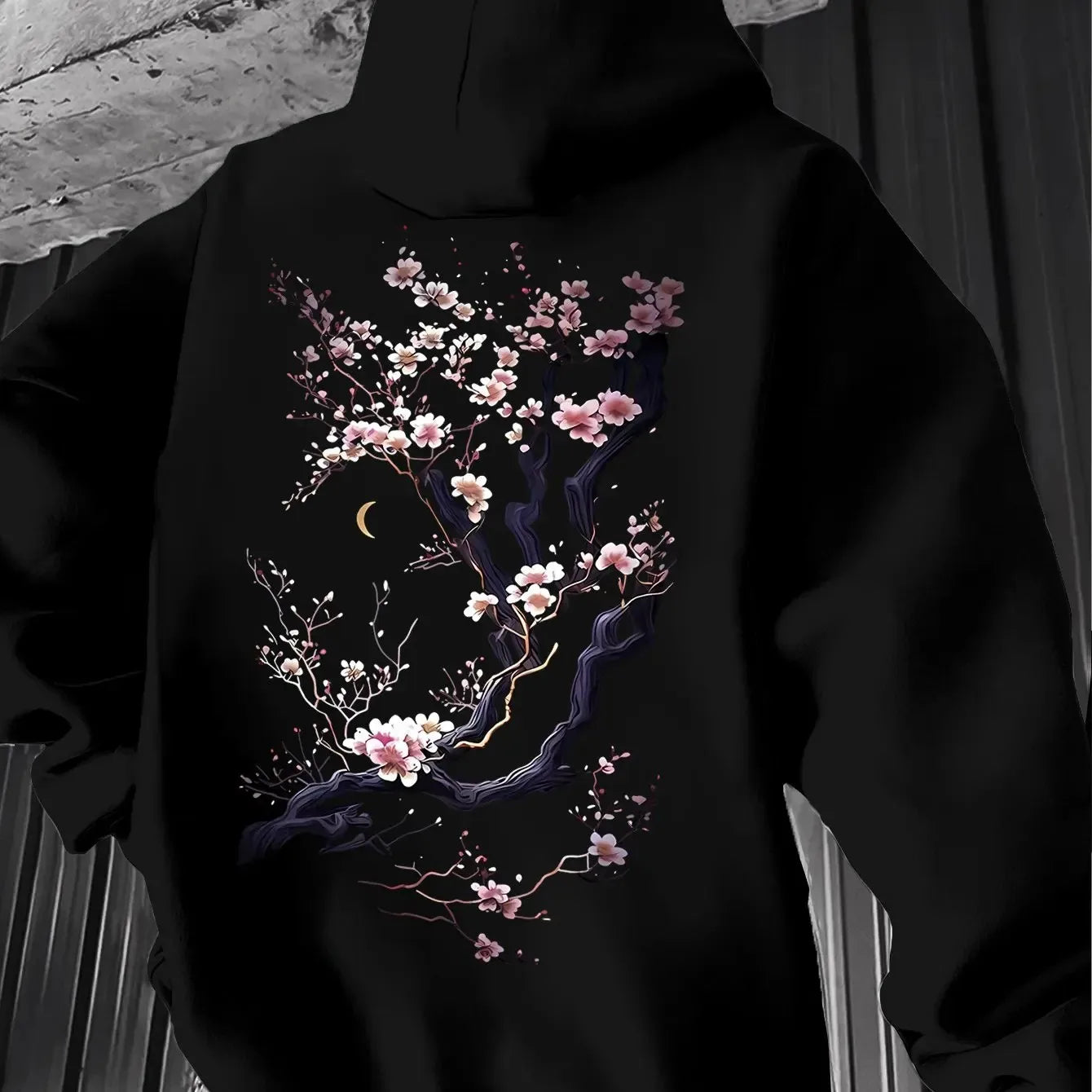 Men'S Hoodie Designed with Retro Ink Wash Style Cherry Blossom Branches Reflecting Eastern Aesthetics Made from Knit Fabric
