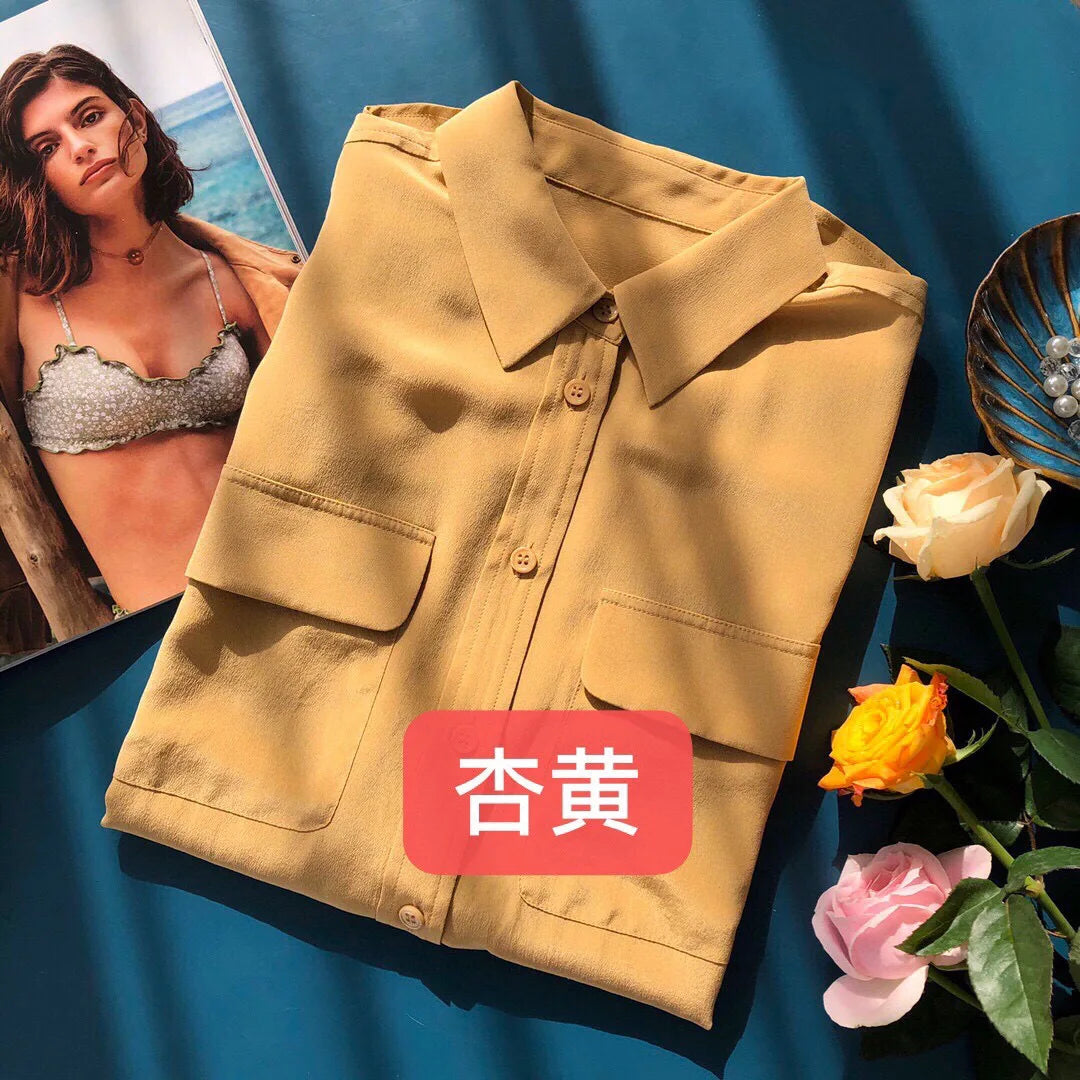 Women Real Silk Shirts Classic Double Pockets Solid Color Casual Fashion Long Sleeve Thin Shirt Blouses Tees