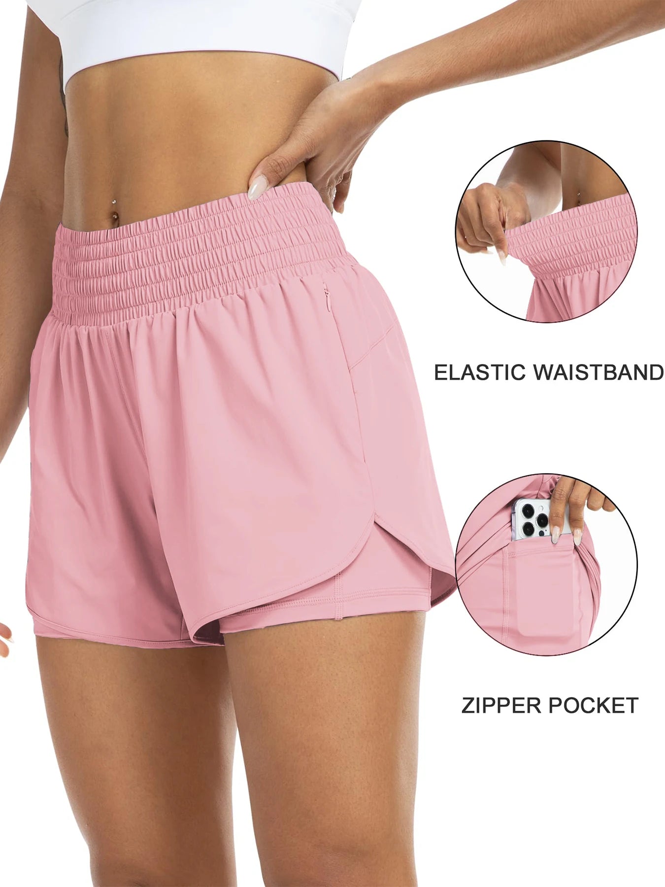 Women's high-waisted athletic shorts for running, yoga, layered design, anti-exposure, fitness, and workout with pockets