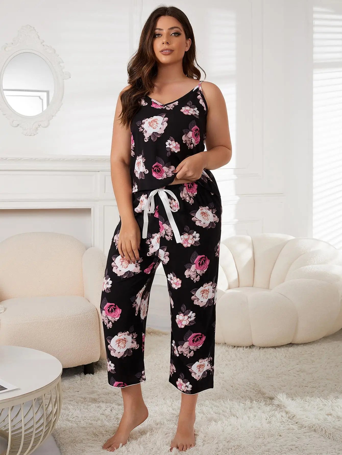 Floral V Neck Capri Pajama Set