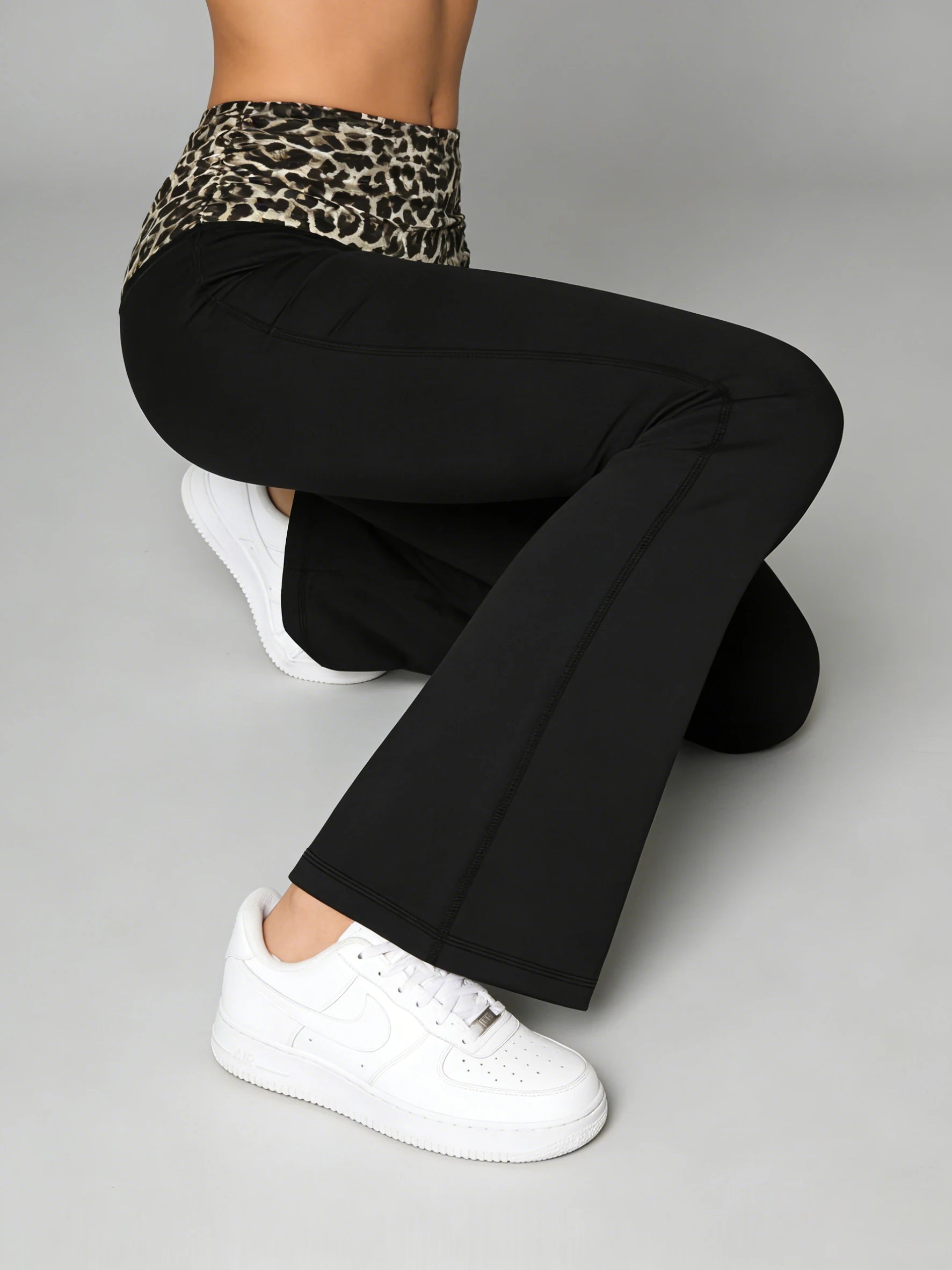 Fashionable Leopard Print Pleated Yoga Pants High Elastic Comfort Slim Fit Bell Bottoms Waistline Splicing Sporty Trousers