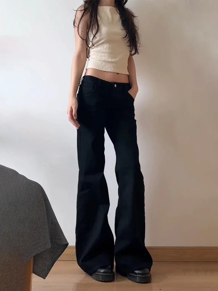 Women Low Waist Flared Jeans Retro Style Blue Black Micro Flare Pants Loose Straight Wide Leg Jeans Female Spring Fashion