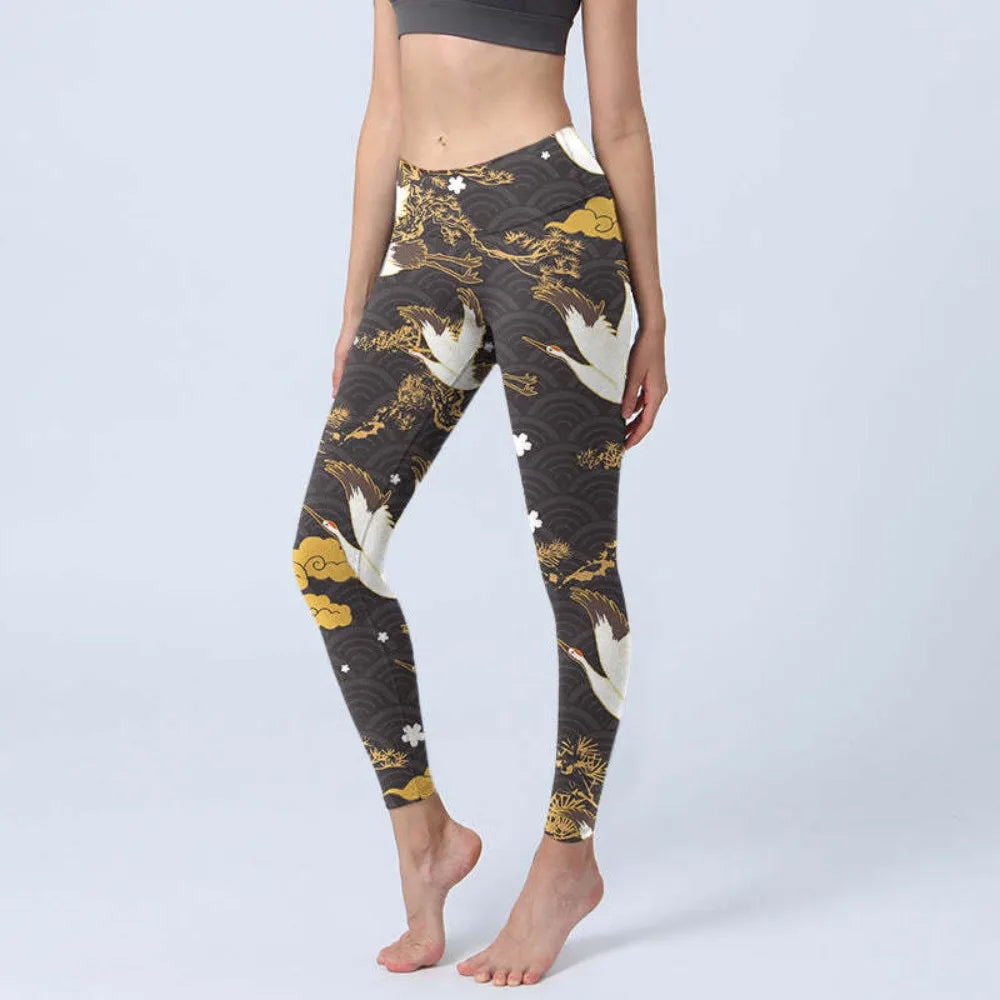 High Waist Yoga Leggings Japanese Style Cherry Blossom Botanical Print Soft Tights Women Fitness Gym Yoga Running Sports Wear