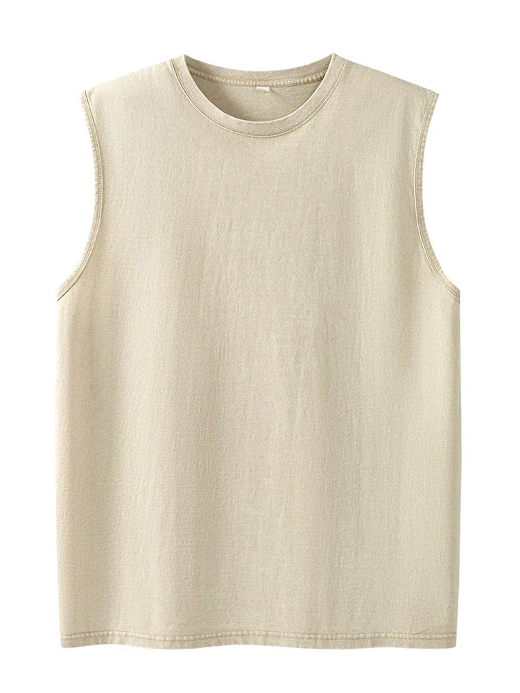 2025 Summer New Men's Washed Cotton Tank Tops Muscle Gym Sleeveless Workout T Shirts Running Beach Loose Cutoff Tees