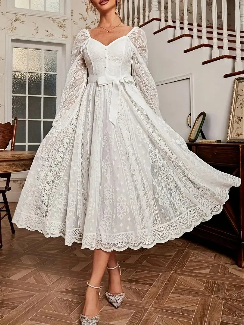 Elegant Party Dress For Woman Evening Prom Dresses Lace Long Gown V Neck Maxi Dress White Pink Floral Lace A Line Balloon Sleeve