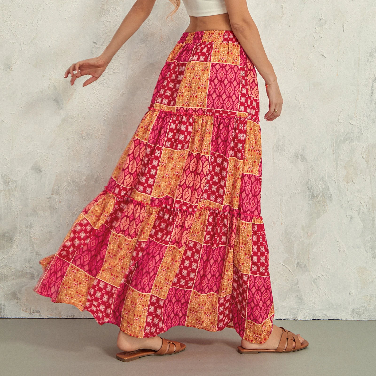 Women's Bohemian Skirts Vintage Elastic High Waist A-Line Skirts Tiered Long Skirts with Pockets