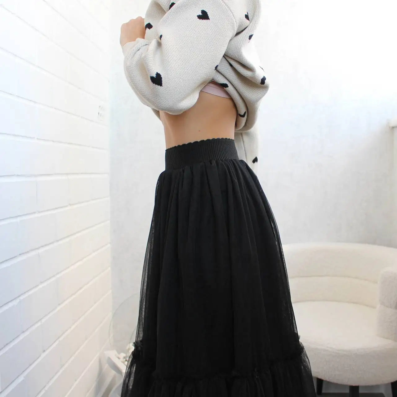Pleated Lace Cake Midi Skirt
