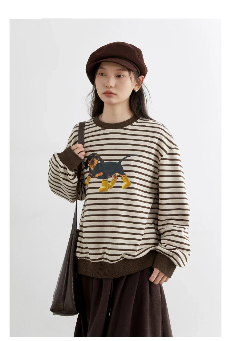 Striped Dog Print Loose Tee