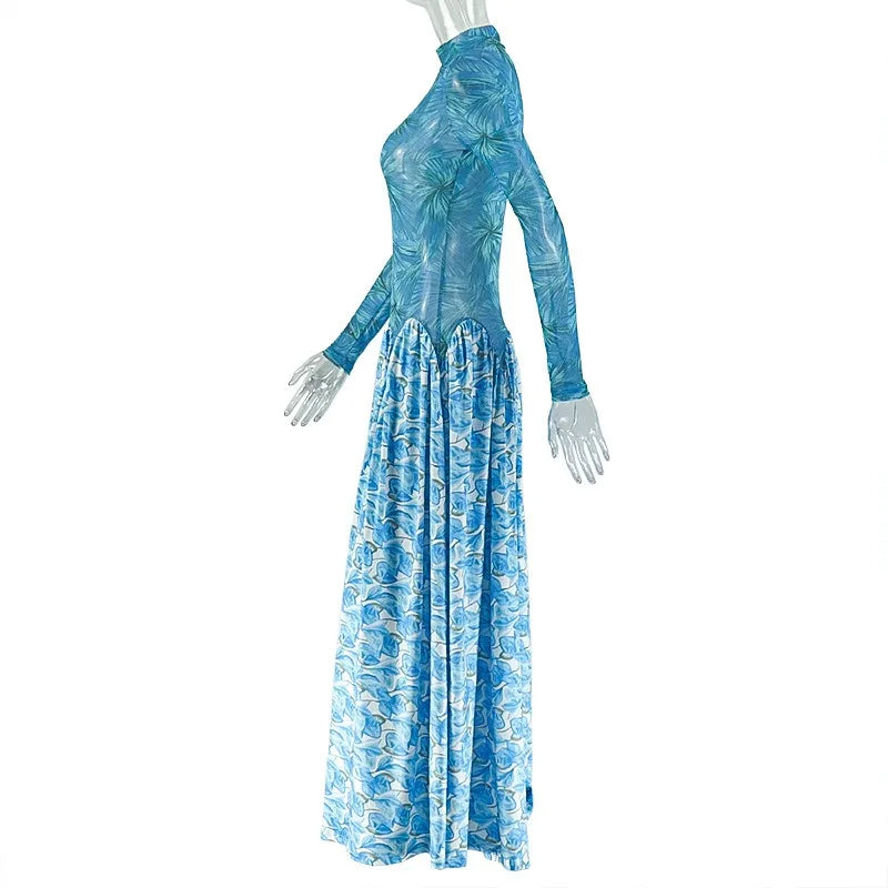 Floral Turtleneck A-Line Maxi Dress