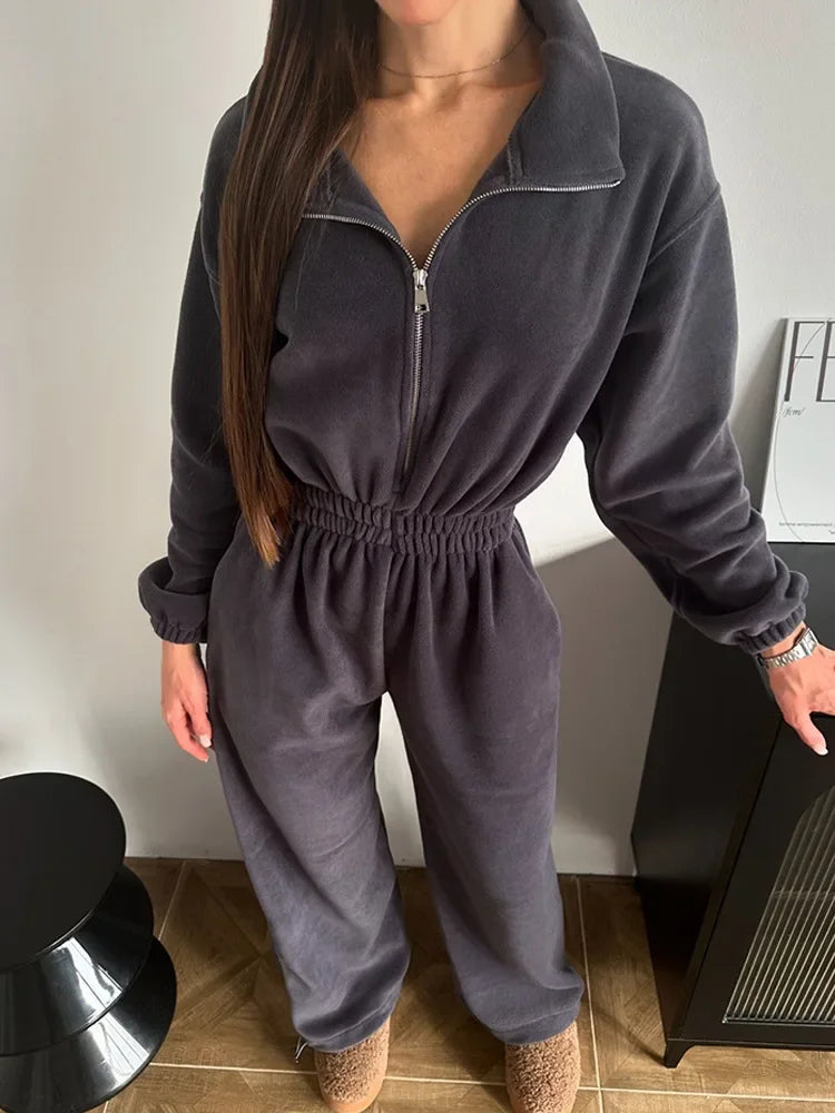 Jumpsuit Women 2026 New Fashionable Long Sleeved Jumpsuit for Women's Casual Half Open Collar Elastic Waist Jumpsuit