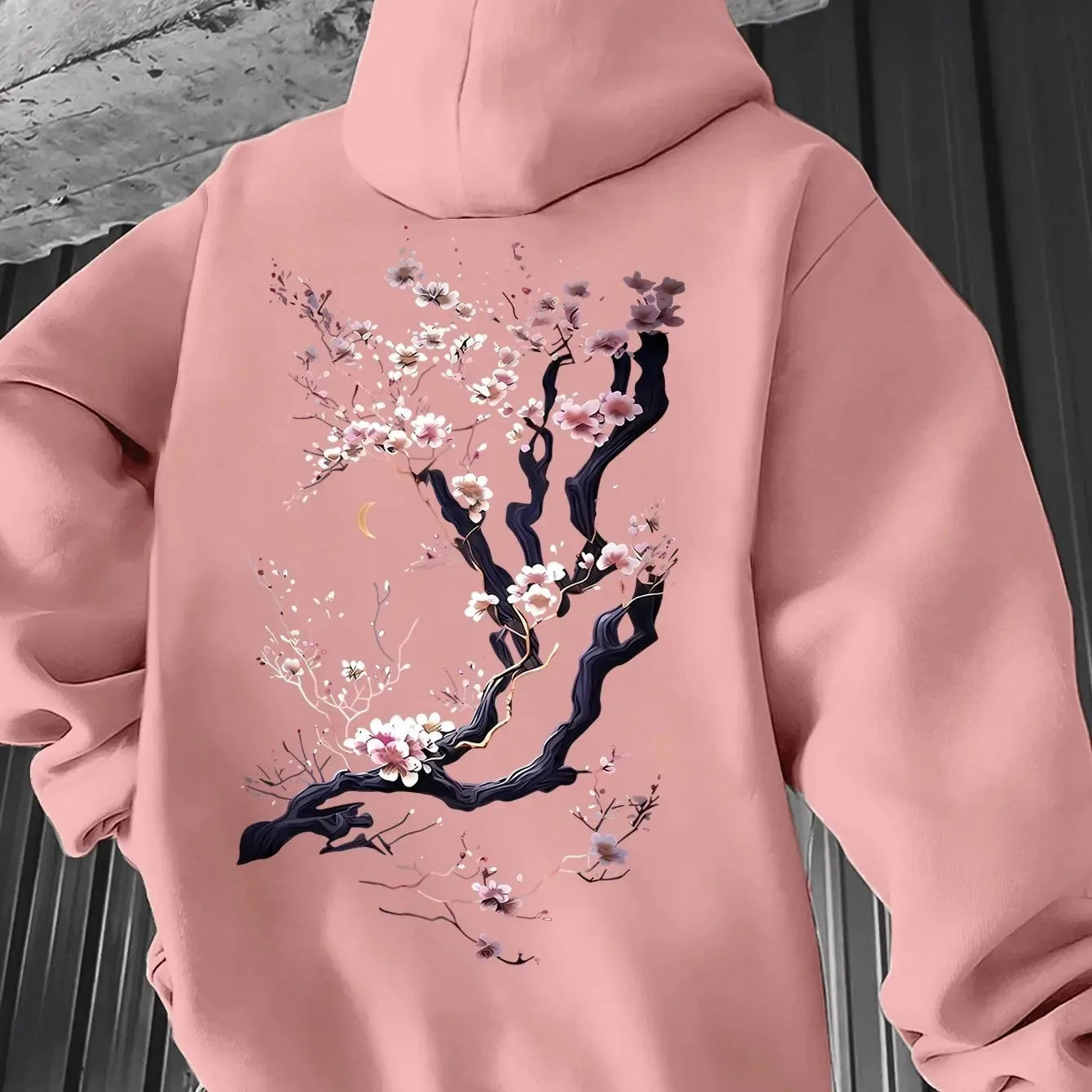 Men'S Hoodie Designed with Retro Ink Wash Style Cherry Blossom Branches Reflecting Eastern Aesthetics Made from Knit Fabric